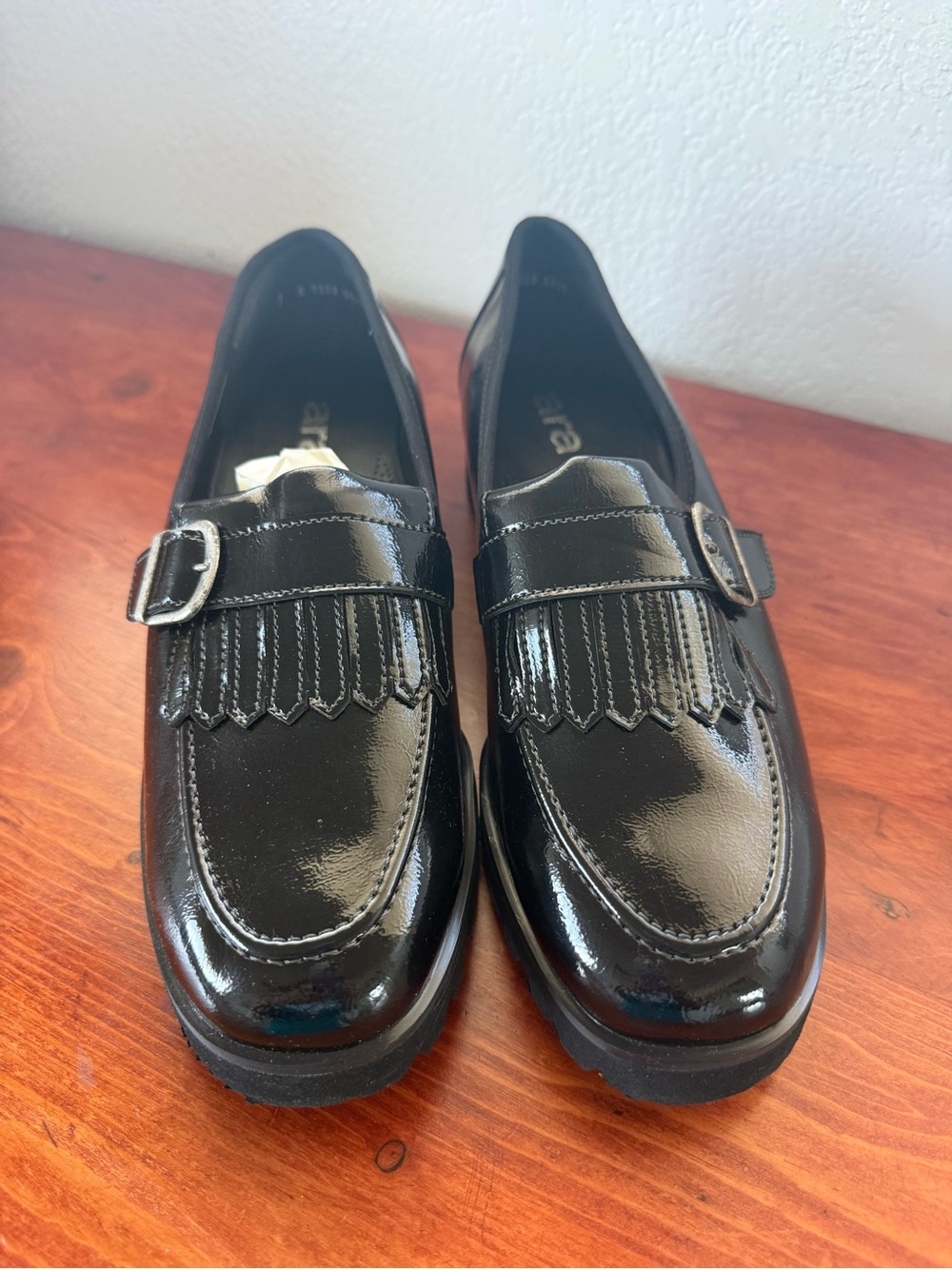 Ara Women Black Patent Kiltie Loafers with Buckle